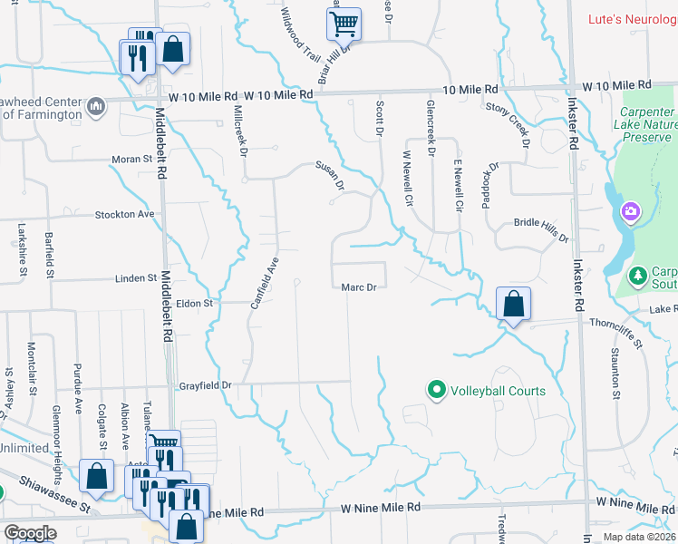 map of restaurants, bars, coffee shops, grocery stores, and more near 28654 Lorraine Drive in Farmington Hills