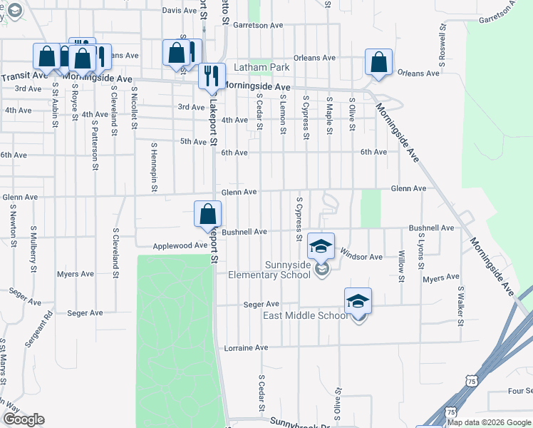 map of restaurants, bars, coffee shops, grocery stores, and more near 2512 South Cedar Street in Sioux City