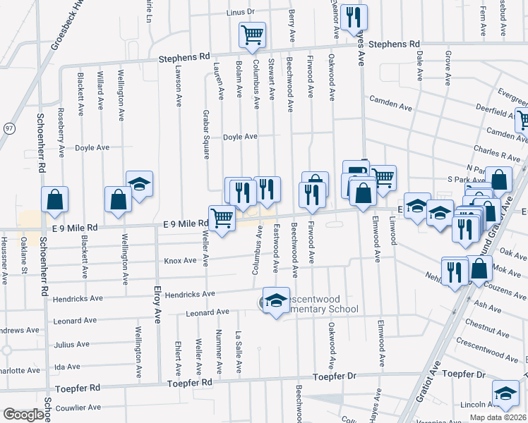 map of restaurants, bars, coffee shops, grocery stores, and more near 23027 Stewart Avenue in Warren