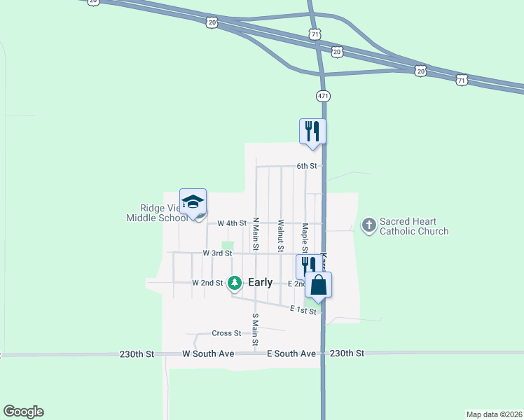 map of restaurants, bars, coffee shops, grocery stores, and more near 400-598 N Main St in Early
