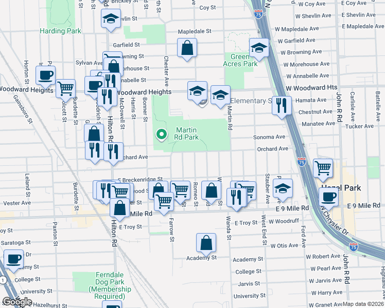 map of restaurants, bars, coffee shops, grocery stores, and more near 2157 Romeo Street in Ferndale