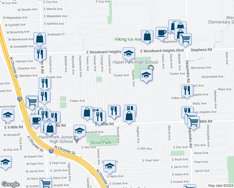 map of restaurants, bars, coffee shops, grocery stores, and more near 23337 Harding Avenue in Hazel Park