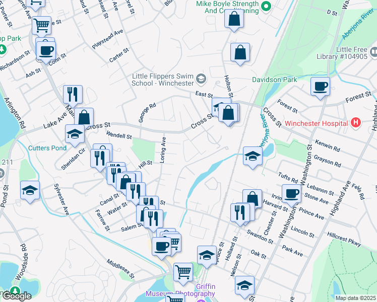 map of restaurants, bars, coffee shops, grocery stores, and more near 25 River Street in Winchester
