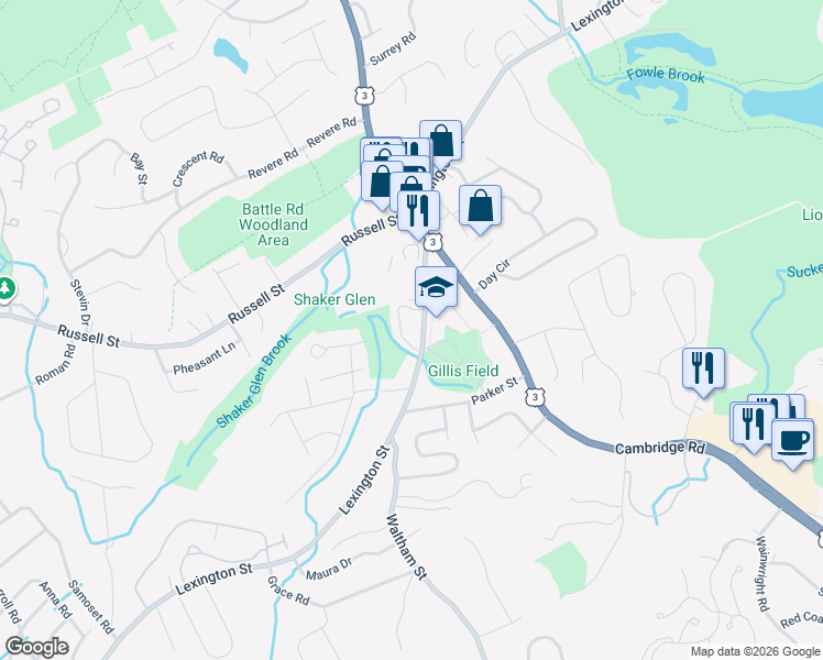 map of restaurants, bars, coffee shops, grocery stores, and more near 241 Lexington Street in Woburn