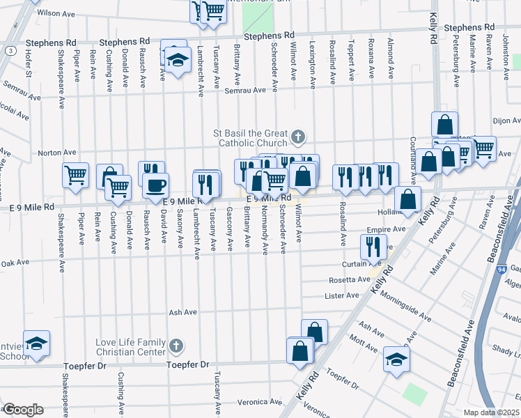 map of restaurants, bars, coffee shops, grocery stores, and more near 22547 Normandy Avenue in Eastpointe
