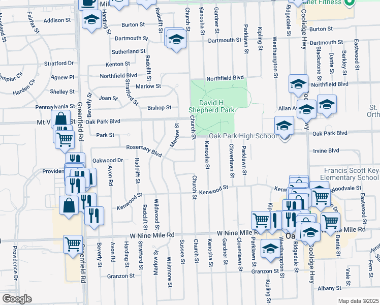 map of restaurants, bars, coffee shops, grocery stores, and more near 14411 Park Street in Oak Park