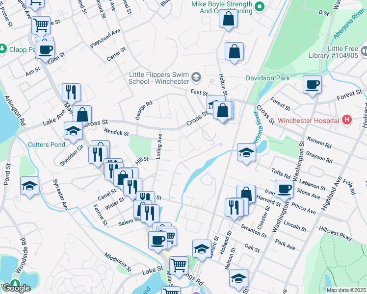 map of restaurants, bars, coffee shops, grocery stores, and more near 6 Wendell Street in Winchester