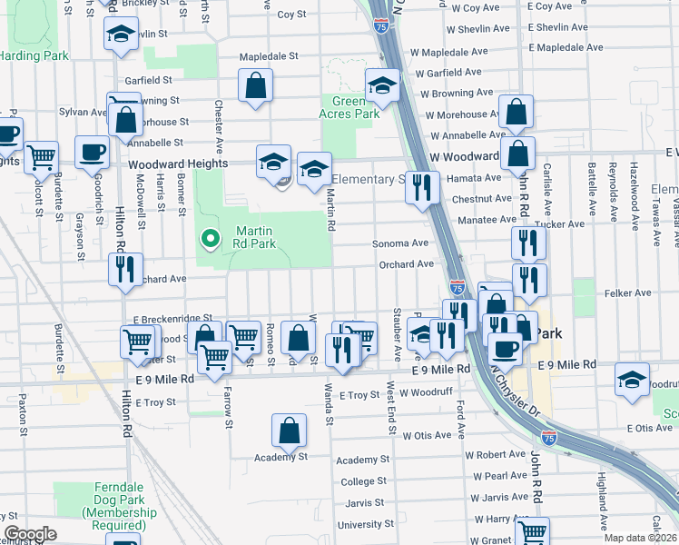 map of restaurants, bars, coffee shops, grocery stores, and more near 2157 Martin Road in Ferndale