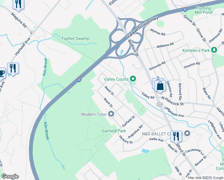 map of restaurants, bars, coffee shops, grocery stores, and more near 5 Park Street in Lexington