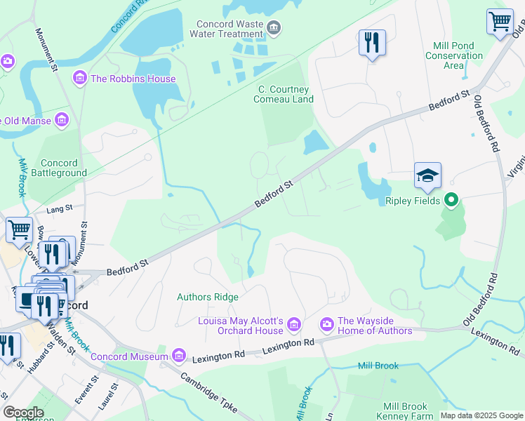 map of restaurants, bars, coffee shops, grocery stores, and more near 350 Bedford Street in Concord