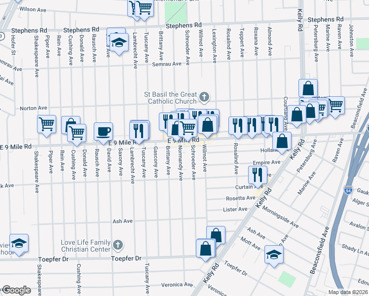 map of restaurants, bars, coffee shops, grocery stores, and more near 17850 East 9 Mile Road in Eastpointe