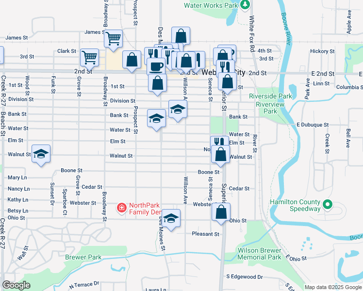 map of restaurants, bars, coffee shops, grocery stores, and more near 501-599 Elm St in Webster City