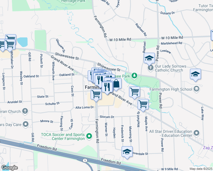 map of restaurants, bars, coffee shops, grocery stores, and more near 33300 Thomas Street in Farmington