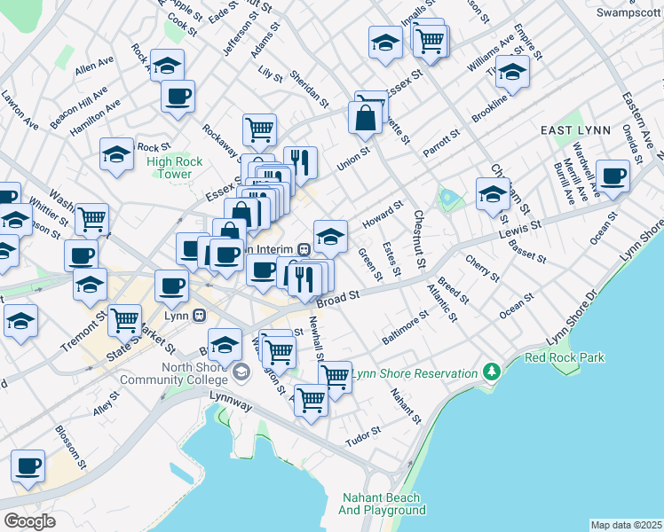 map of restaurants, bars, coffee shops, grocery stores, and more near 21 Dexter Street in Lynn