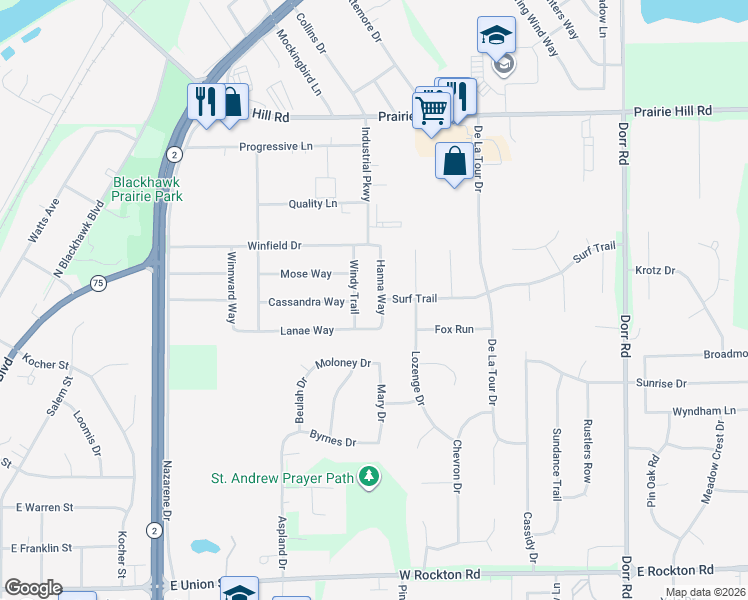 map of restaurants, bars, coffee shops, grocery stores, and more near 14118 Hanna Way in South Beloit