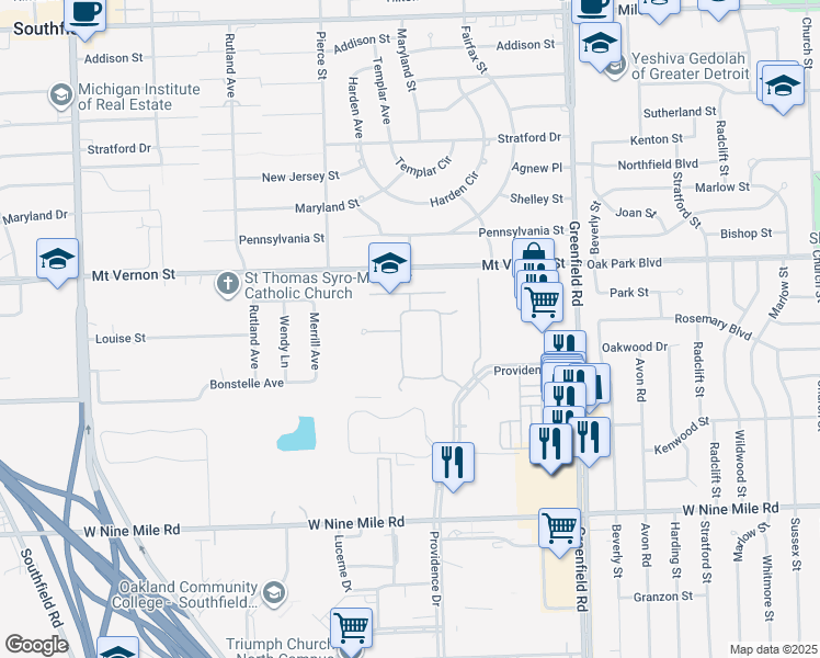 map of restaurants, bars, coffee shops, grocery stores, and more near 23600 Lamplighter Drive in Southfield