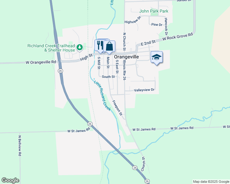 map of restaurants, bars, coffee shops, grocery stores, and more near 310 South East Street in Orangeville