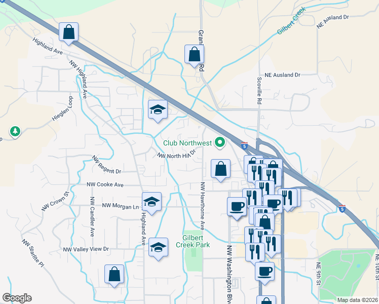 map of restaurants, bars, coffee shops, grocery stores, and more near 2131 Northwest North Hill Drive in Grants Pass