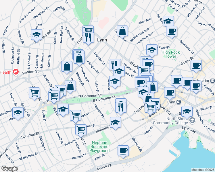 map of restaurants, bars, coffee shops, grocery stores, and more near 30 Hanover Street in Lynn