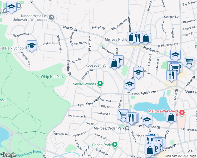 map of restaurants, bars, coffee shops, grocery stores, and more near 45 Maple Road in Melrose
