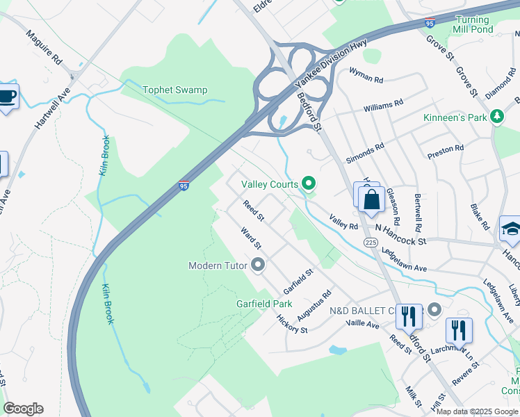 map of restaurants, bars, coffee shops, grocery stores, and more near 5 Park Street in Lexington