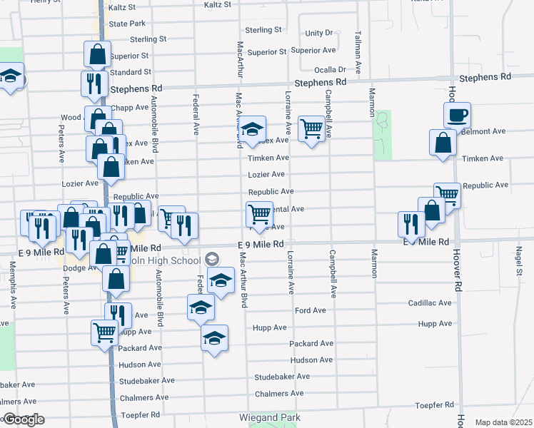 map of restaurants, bars, coffee shops, grocery stores, and more near 8651 Continental Avenue in Warren