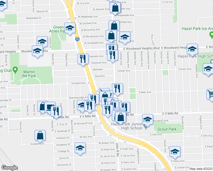 map of restaurants, bars, coffee shops, grocery stores, and more near 88 Orchard Avenue in Hazel Park