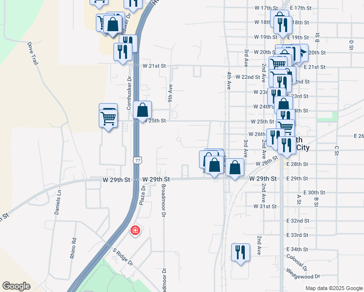 map of restaurants, bars, coffee shops, grocery stores, and more near 128 Liberty Drive in South Sioux City