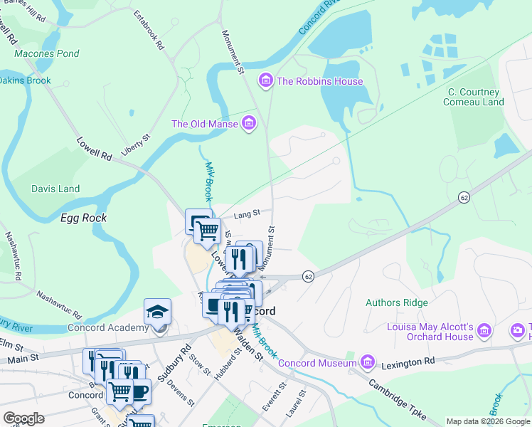 map of restaurants, bars, coffee shops, grocery stores, and more near 140 Monument Street in Concord
