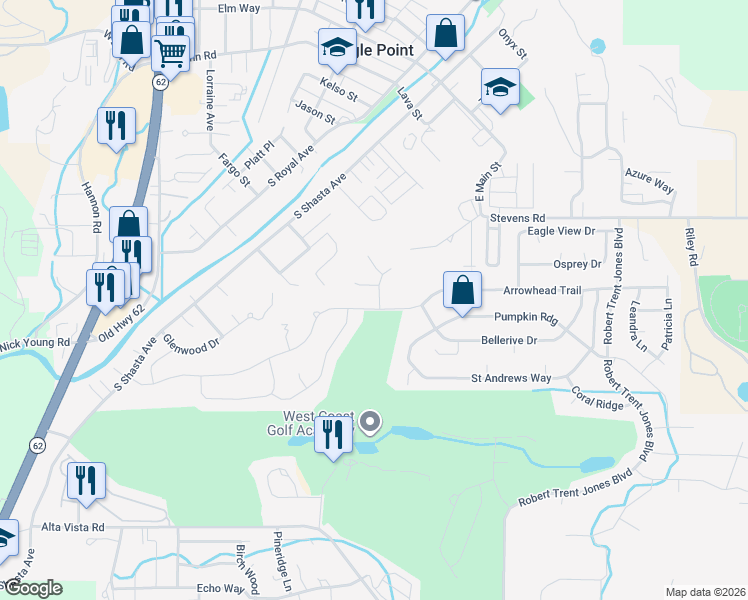 map of restaurants, bars, coffee shops, grocery stores, and more near 629 Arrowhead Trail in Eagle Point