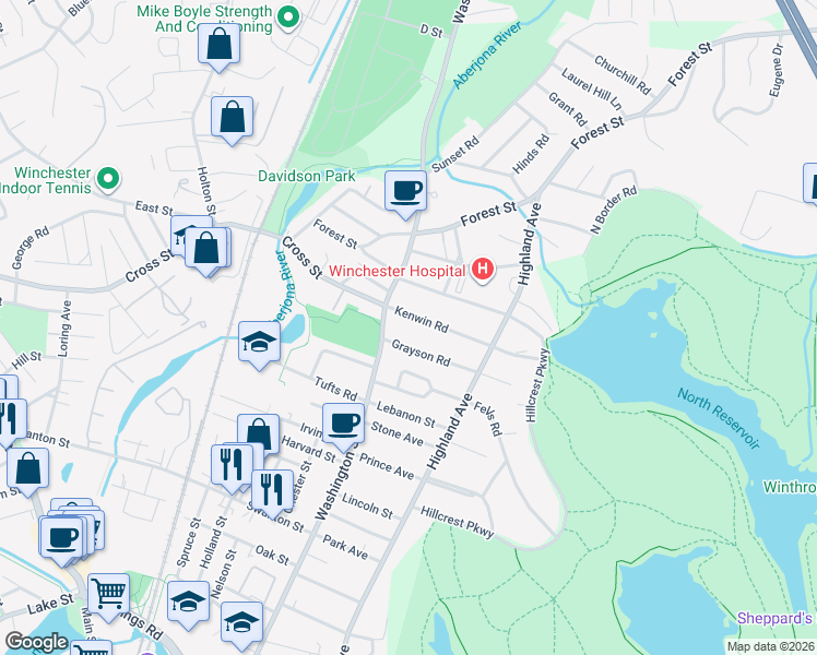 map of restaurants, bars, coffee shops, grocery stores, and more near 9 Kenwin Road in Winchester