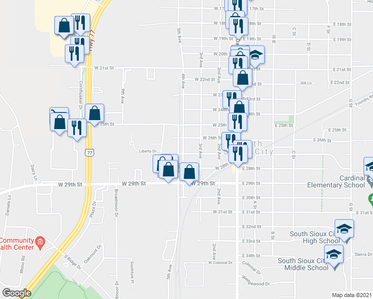 map of restaurants, bars, coffee shops, grocery stores, and more near 425 West 27th Street in South Sioux City
