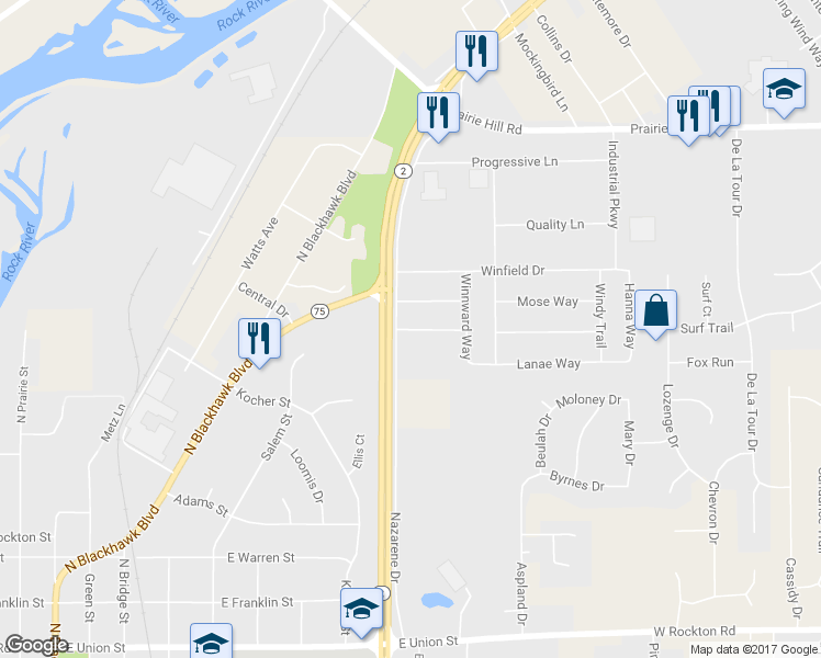 map of restaurants, bars, coffee shops, grocery stores, and more near 821 Doctor Clark Way in South Beloit