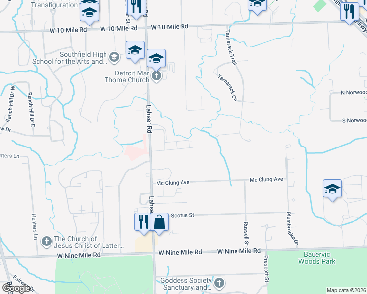 map of restaurants, bars, coffee shops, grocery stores, and more near 21618 Hidden Rivers Drive South in Southfield