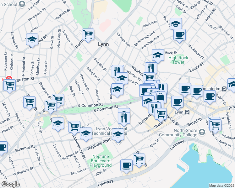 map of restaurants, bars, coffee shops, grocery stores, and more near 33 North Common Street in Lynn