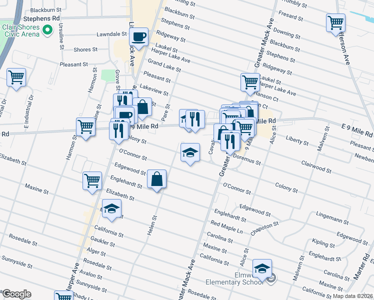 map of restaurants, bars, coffee shops, grocery stores, and more near 21925 Colony Street in St. Clair Shores