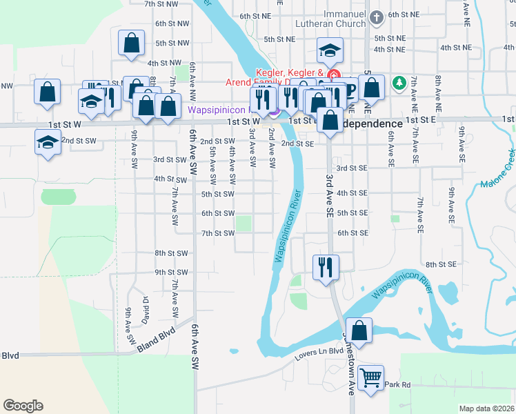 map of restaurants, bars, coffee shops, grocery stores, and more near 500-598 3rd Ave SW in Independence