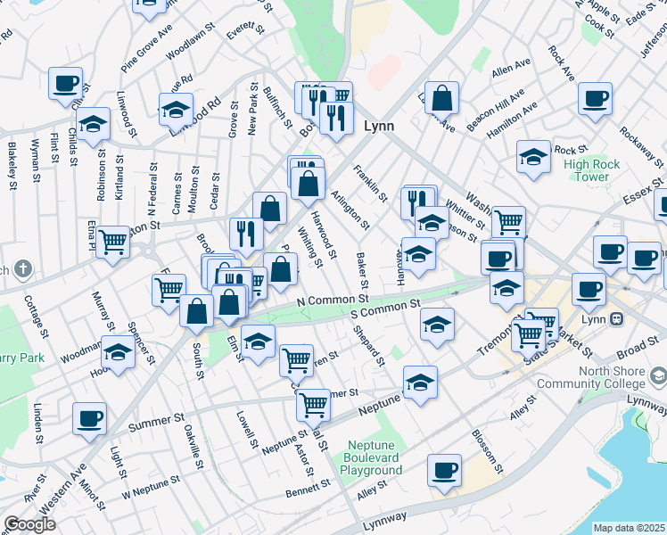 map of restaurants, bars, coffee shops, grocery stores, and more near 36 Harwood Street in Lynn