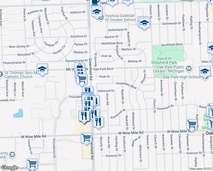 map of restaurants, bars, coffee shops, grocery stores, and more near 15330 Rosemary Boulevard in Oak Park