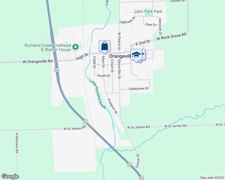 map of restaurants, bars, coffee shops, grocery stores, and more near 310 South East Street in Orangeville