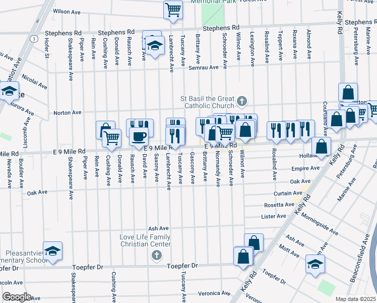 map of restaurants, bars, coffee shops, grocery stores, and more near 17650 East 9 Mile Road in Eastpointe