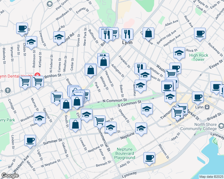 map of restaurants, bars, coffee shops, grocery stores, and more near 30 Harwood Street in Lynn