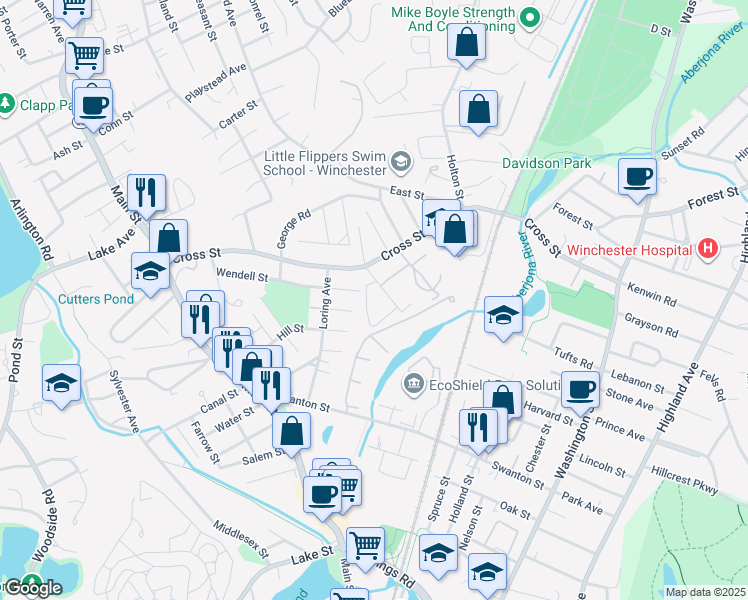 map of restaurants, bars, coffee shops, grocery stores, and more near 25 River Street in Winchester