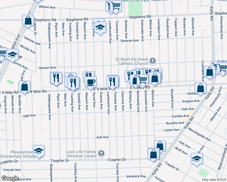 map of restaurants, bars, coffee shops, grocery stores, and more near 17534 East 9 Mile Road in Eastpointe