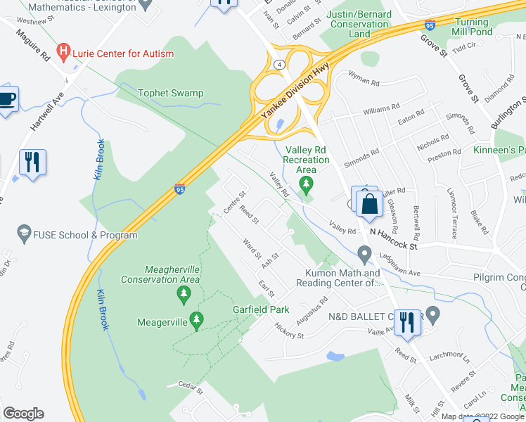 map of restaurants, bars, coffee shops, grocery stores, and more near 5 Park Street in Lexington