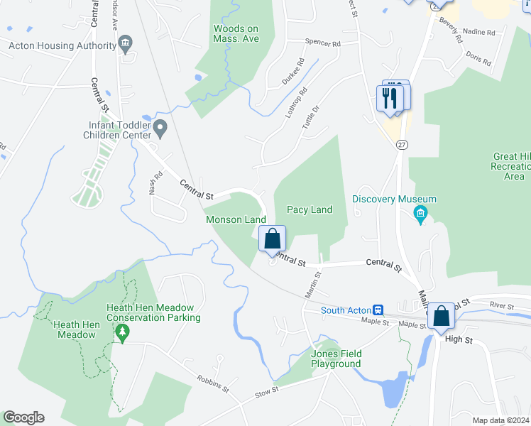 map of restaurants, bars, coffee shops, grocery stores, and more near 83 Central Street in Acton