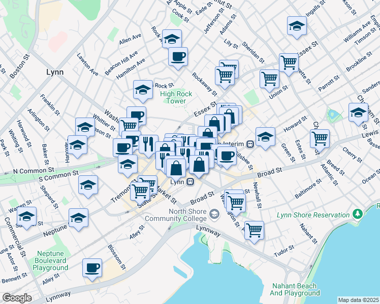 map of restaurants, bars, coffee shops, grocery stores, and more near 80 Almont Street in Lynn