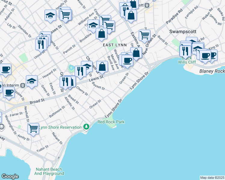 map of restaurants, bars, coffee shops, grocery stores, and more near 131 Ocean Street in Lynn