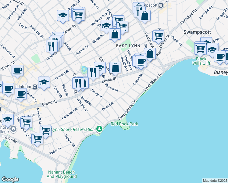 map of restaurants, bars, coffee shops, grocery stores, and more near 40 Basset Street in Lynn