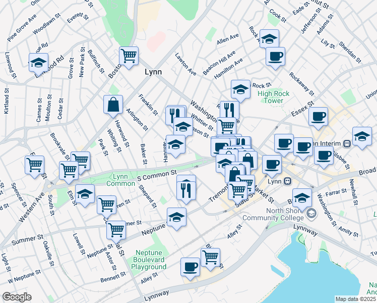 map of restaurants, bars, coffee shops, grocery stores, and more near 28-30 Franklin Street in Lynn